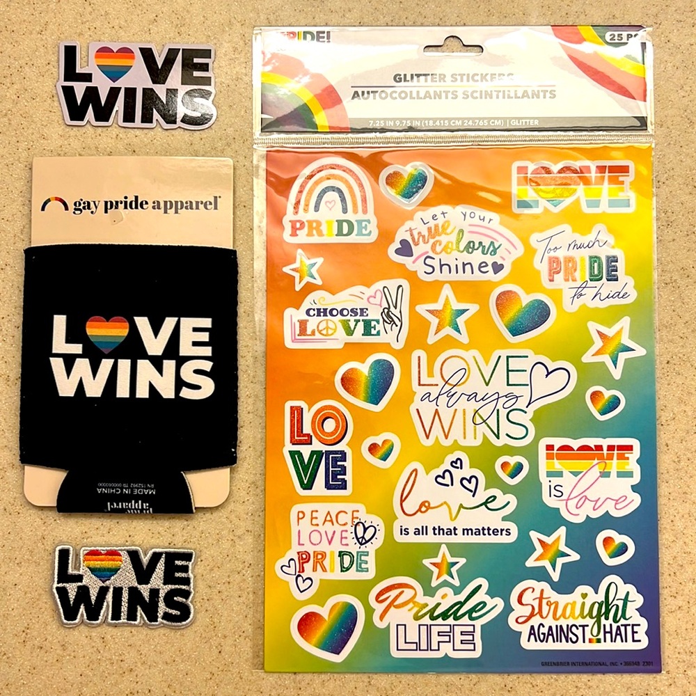 LOVE WINS Can Koozie Patch Sticker * UNISEX Rainbow PRIDE + 25 Glitter Stickers